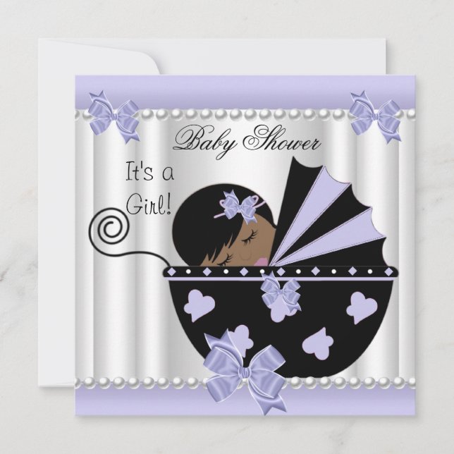 Convites Chuva de Bebê Menina Afro-Americana Roxo Branco (Frente)