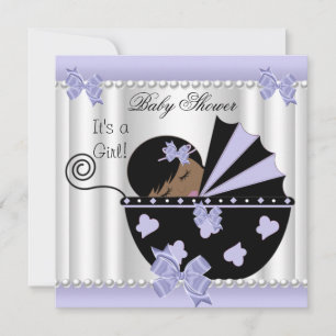 Convites Chuva de Bebê Menina Afro-Americana Roxo Branco