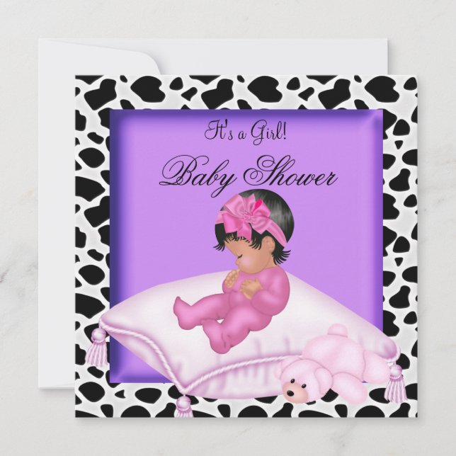 Convites Chuva de Bebê Menina Afro-Americana Roxo Rosa (Frente)
