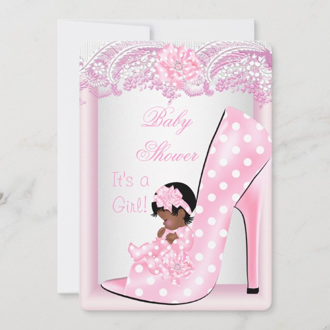 Convites Chuva de Bebê Menina Afro-Americana Sapato Rosa (Frente)