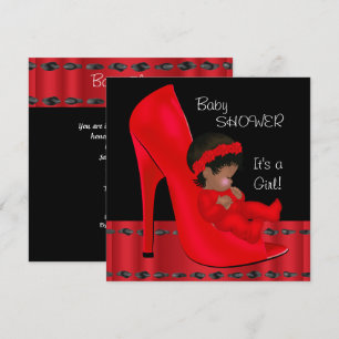 Convites Chuva de Bebê Menina Afro-Americana Sapato Vermelh