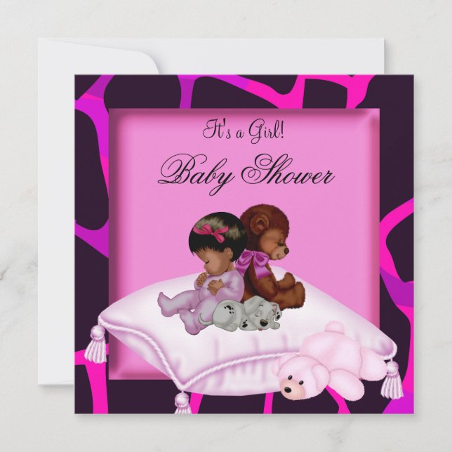 Convites Chuva de Bebê Menina Afro-Americana Urso Rosa (Frente)