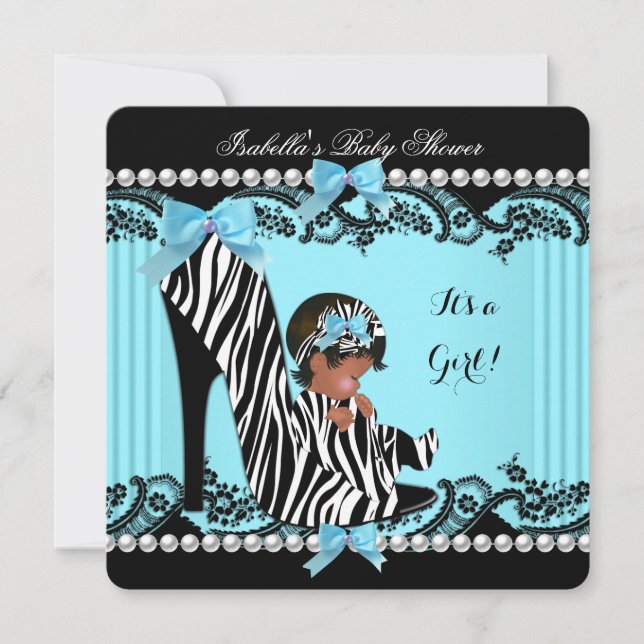 Convites Chuva de Bebê Menina Afro-Americana Zebra Azul Tur (Frente)