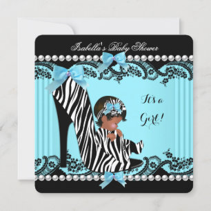 Convites Chuva de Bebê Menina Afro-Americana Zebra Azul Tur