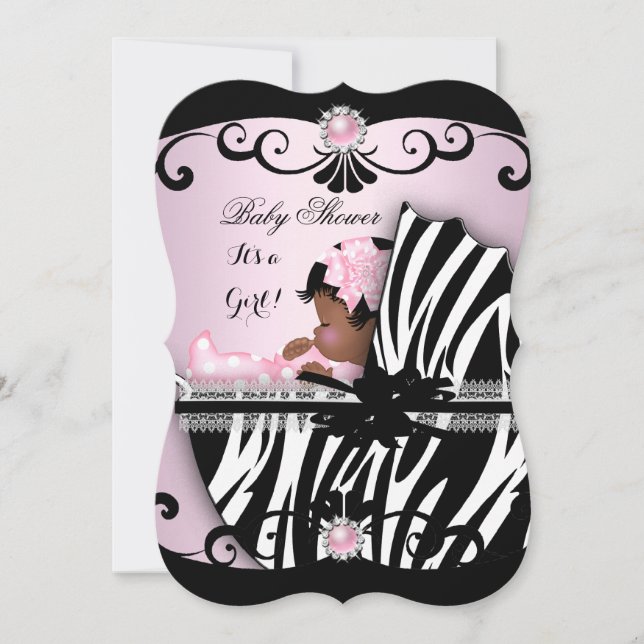 Convites Chuva de Bebê Menina Afro-Americana Zebra Rosa 4 (Frente)