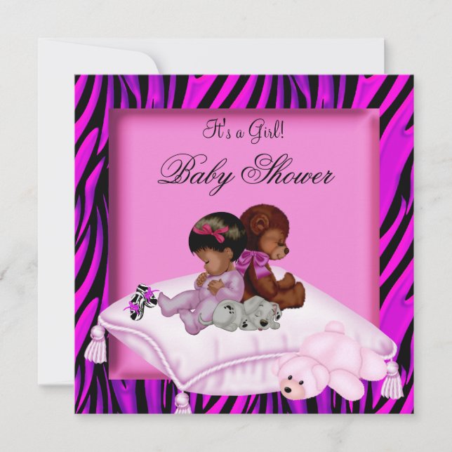 Convites Chuva de Bebê Menina Afro-Americana Zebra Rosa Que (Frente)