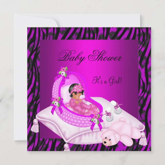 Convites Chuva de Bebê Menina Afro-Americana Zebra Rosa Que (Frente)
