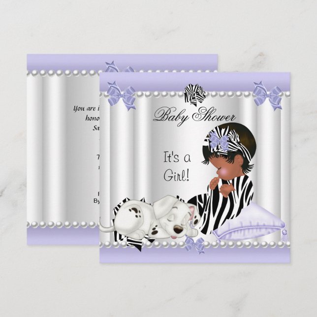Convites Chuva de Bebê Menina Afro-Americana Zebra Roxa (Frente/Verso)