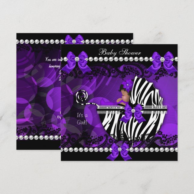 Convites Chuva de Bebê Menina Afro-Americana Zebra Roxa 2 (Frente/Verso)