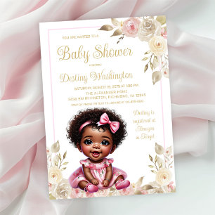 Convites Chuva de Bebê Menina Afro Dourado Rosa