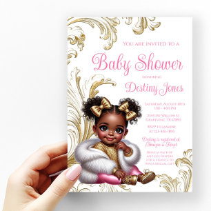 Convites Chuva de Bebê Menina Afro Glam Rosa Dourado