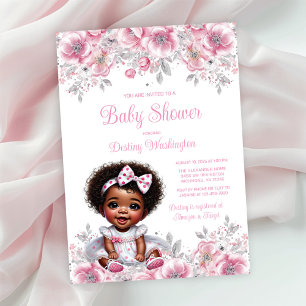 Convites Chuva de Bebê Menina Afro Prata Rosa