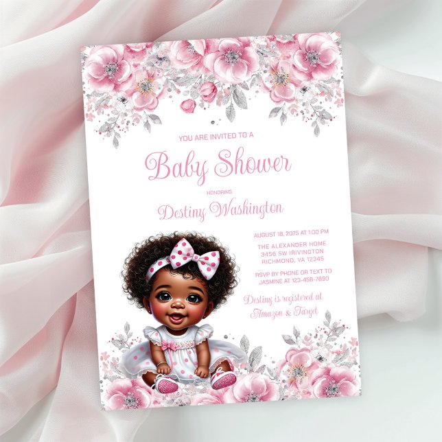 Convites Chuva de Bebê Menina Afro Prata Rosa (Simply add your event details!)