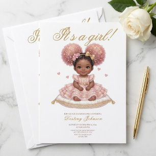 Convites Chuva de Bebê Menina Afro Puff Dourado Rosa