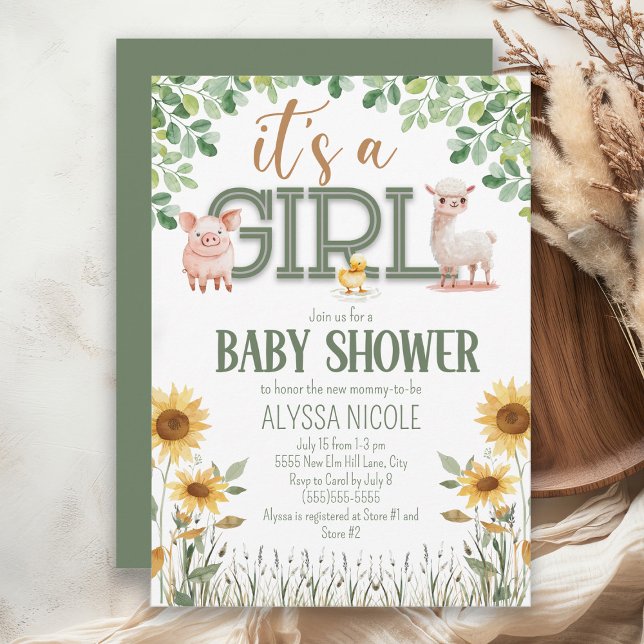 Convites Chuva de Bebê Menina Animais de Fazenda (Baby girl farm animal baby shower invitation)