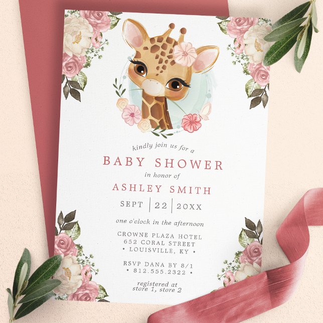 Convites Chuva de Bebê Menina Aquarela Girafa Floral Fofa (Criador carregado)