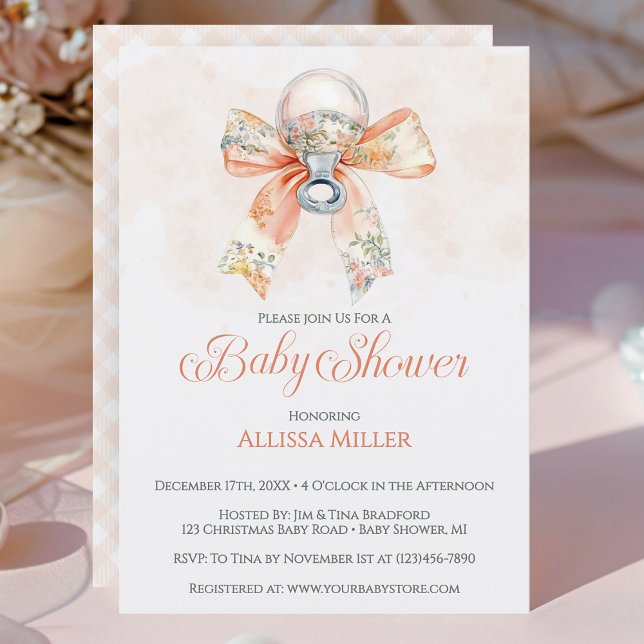 Convites Chuva de Bebê Menina Arco Rosa Xadrez (Elegant Coquet Pink Bow Girl Baby Shower Invitation)