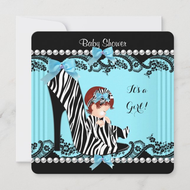 Convites Chuva de Bebê Menina Azul Teal Zebra Cabelo Vermel (Frente)