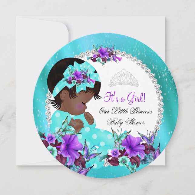 Convites Chuva de Bebê Menina Azul Turquesa Roxo Floral (Frente)