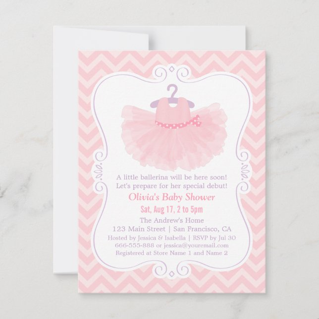 Convites Chuva de Bebê Menina Bailarina Tutu Chevron Rosa (Frente)