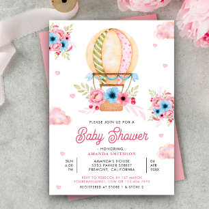 Convites Chuva de Bebê Menina Balão de Ar Quente Floral Azu