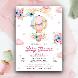 Convites Chuva de Bebê Menina Balão de Ar Quente Floral Ros