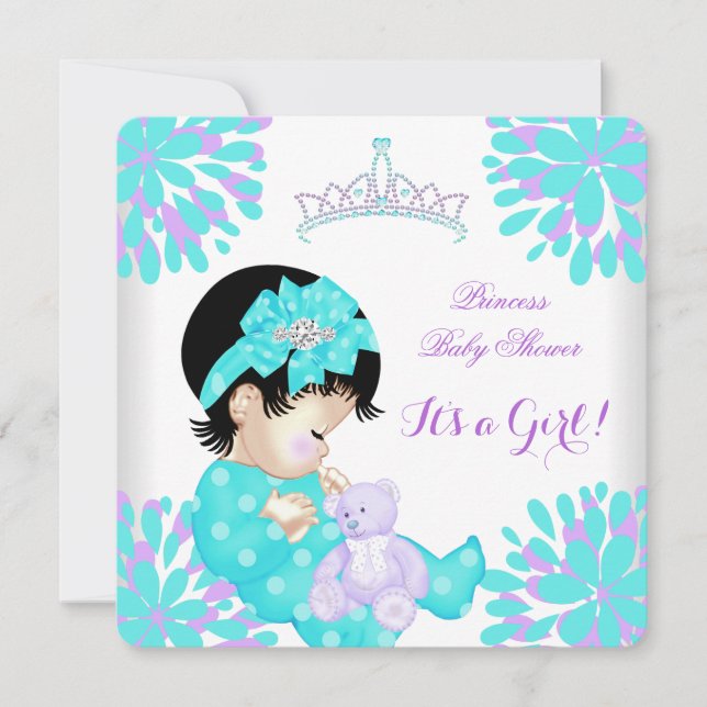 Convites Chuva de Bebê Menina Bebê Doce Azul Turquesa e Urs (Frente)