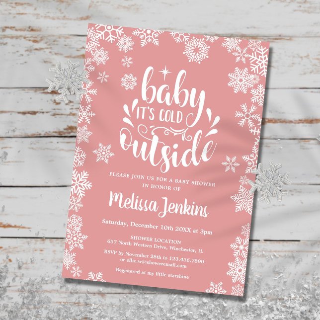 Convites Chuva de Bebê Menina Bebê É Frio Lá Fora Inverno (Baby It's Cold Outside Girl Winter Baby Shower Invitation)