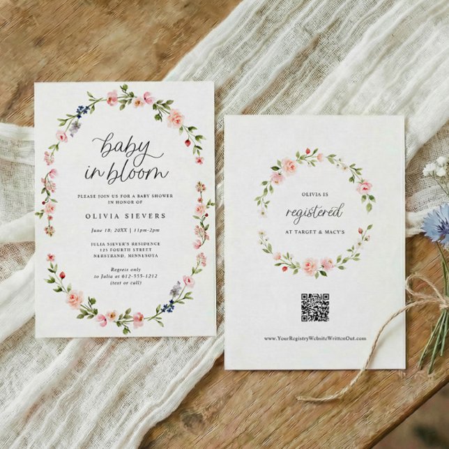 Convites Chuva de Bebê Menina Bebê em Flor Rosa Floral (Baby in bloom baby shower invitation with oval watercolor floral frame and pink flowers)