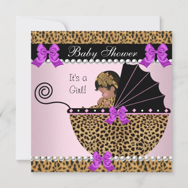 Convites Chuva de Bebê Menina Bebê Fofa Leopardo Roxo Rosa (Frente)