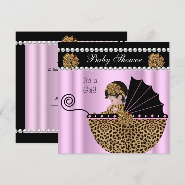 Convites Chuva de Bebê Menina Bebê Fofo Arco Leopardo Rosa (Frente/Verso)