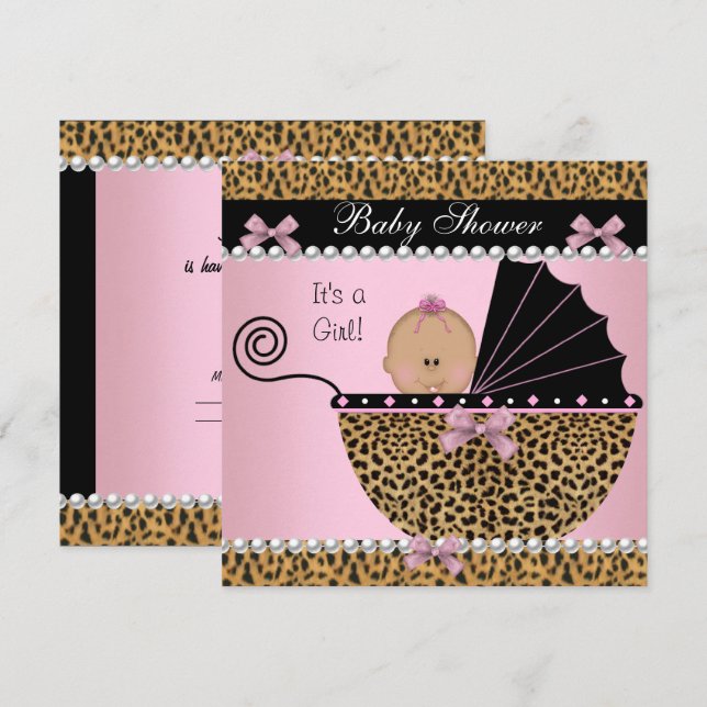 Convites Chuva de Bebê Menina Bebê Fofo Leopardo Rosa (Frente/Verso)
