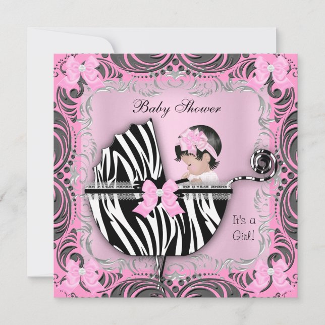 Convites Chuva de Bebê Menina Bebê Fofo Rosa Cinza Zebra (Frente)