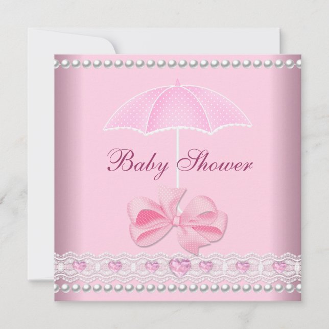 Convites Chuva de Bebê Menina Bebê Guarda-Chuva Rosa Pérola (Frente)