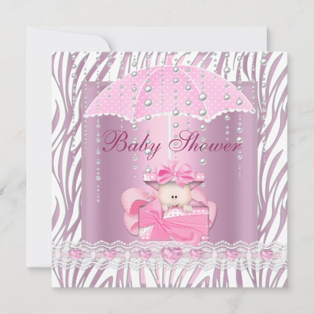 Convites Chuva de Bebê Menina Bebê Rosa Guarda-Chuva Branco (Frente)
