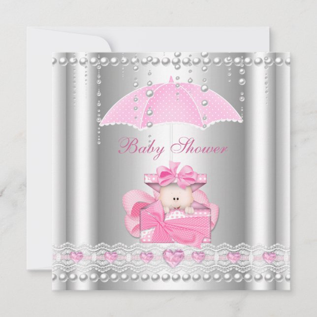 Convites Chuva de Bebê Menina Bebê Rosa Guarda-Chuva Pérola (Frente)
