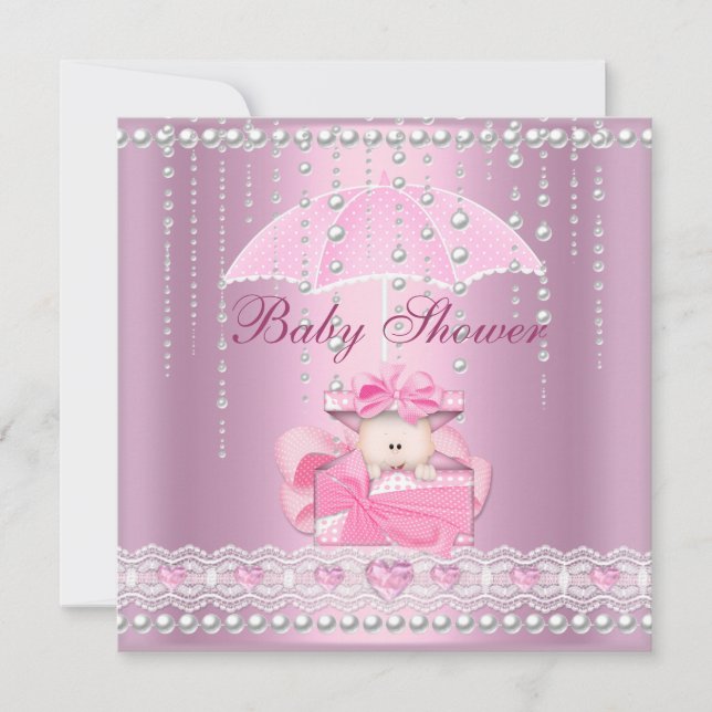 Convites Chuva de Bebê Menina Bebê Rosa Guarda-Chuva Pérola (Frente)