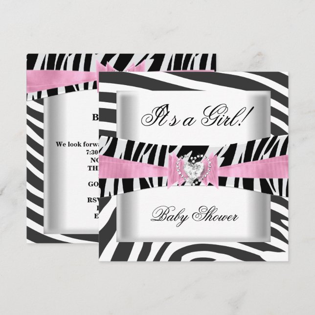 Convites Chuva de Bebê Menina Bebê Rosa Preto Branco Zebra (Frente/Verso)