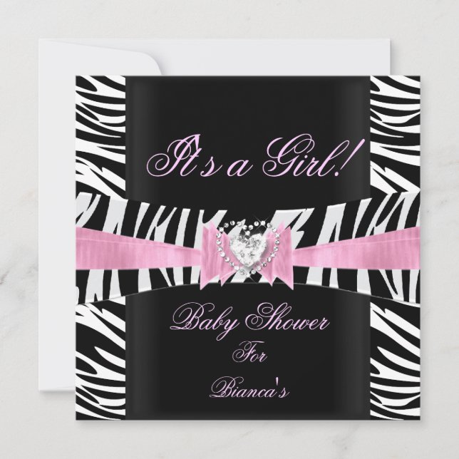 Convites Chuva de Bebê Menina Bebê Rosa Preto Branco Zebra (Frente)