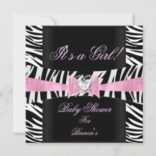 Convites Chuva de Bebê Menina Bebê Rosa Preto Branco Zebra