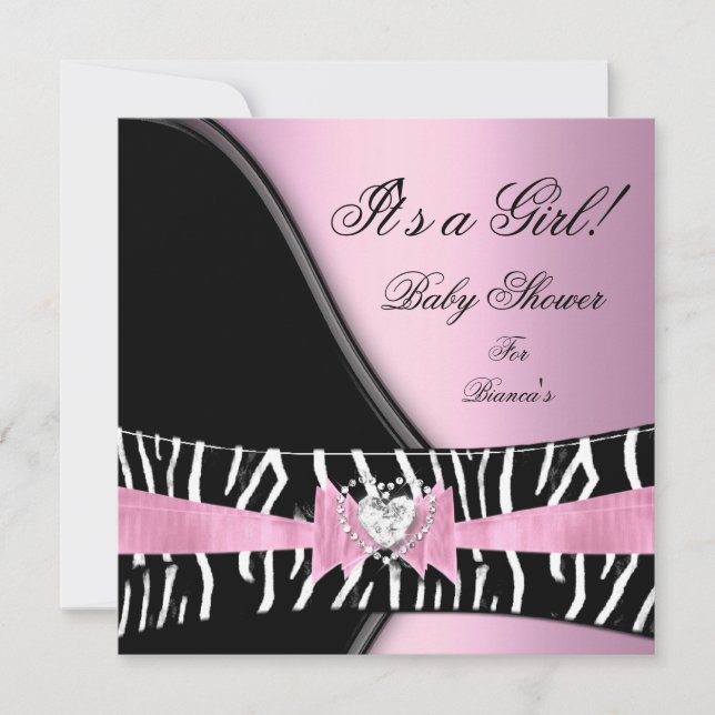 Convites Chuva de Bebê Menina Bebê Rosa Preto Zebra (Frente)