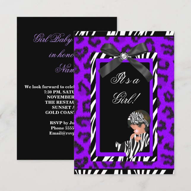 Convites Chuva de Bebê Menina Bebê Roxo Preto Zebra (Frente/Verso)