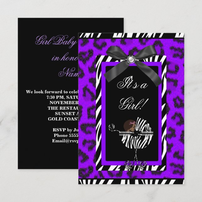 Convites Chuva de Bebê Menina Bebê Roxo Preto Zebra (Frente/Verso)