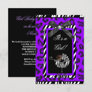 Convites Chuva de Bebê Menina Bebê Roxo Preto Zebra