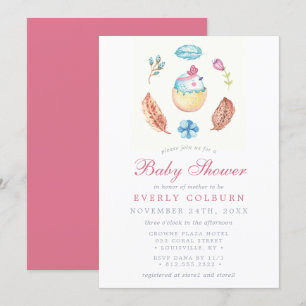 Convites Chuva de Bebê Menina Boho Aquarela Passarinho