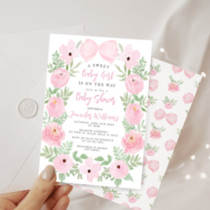 Convites Chuva de bebê menina boho com flores cor-de-rosa f