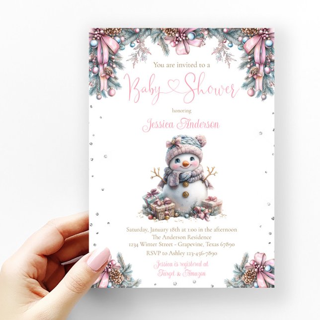 Convites Chuva de Bebê Menina Boneco de Neve (Cute baby girl snowman baby shower invitation with adorable baby snowman.)