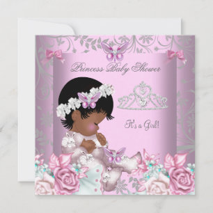 Convites Chuva de Bebê Menina Borboleta Rosa Afro-Americana
