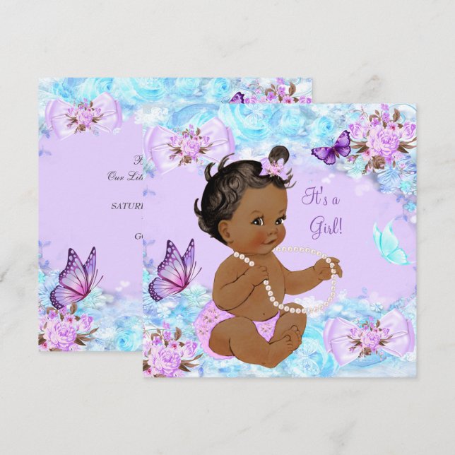 Convites Chuva de Bebê Menina Borboleta Roxo Azul Turquesa  (Frente/Verso)