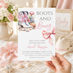 Convites Chuva de Bebê Menina Botas Ocidentais Rosa e Laços